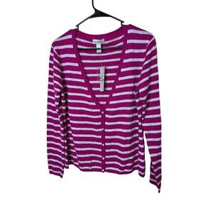Bay Studio Striped  100% Cashmere Cardigan Sweater L Long Sleeve Button Down New